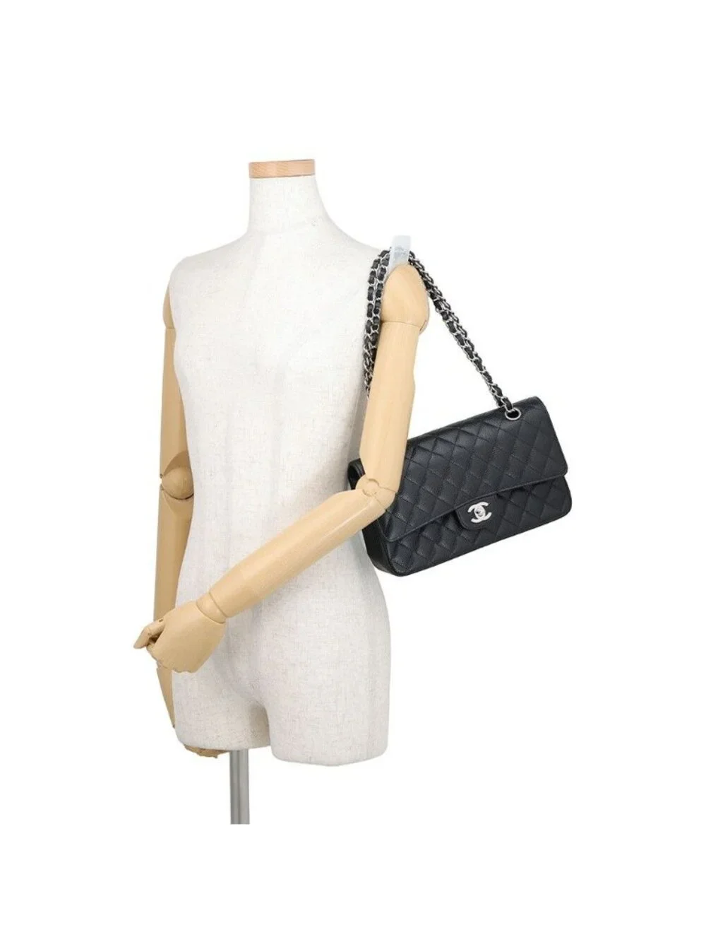 Chanel Chain Shoulder Bag Quilted 25 CC Logo Double Caviar Leather Black